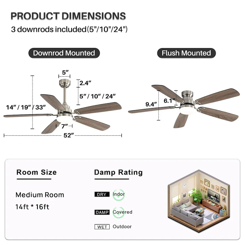 52 inch Ceiling Fan with Remote,Flush Mount and Downrd Mount,Dual Blade Finish,3CCT LED Light,Plywood Blades - 52 inches