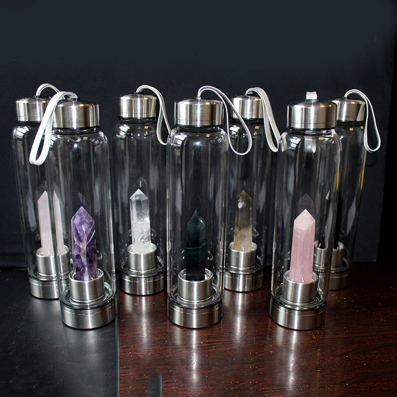 HULIANFU water bottle Drop Shipping Natural Crystal Point Healing Obelisk Wand Elixir Quartz Crystal Water Bottle To wand heals energy st - Deanwangkt