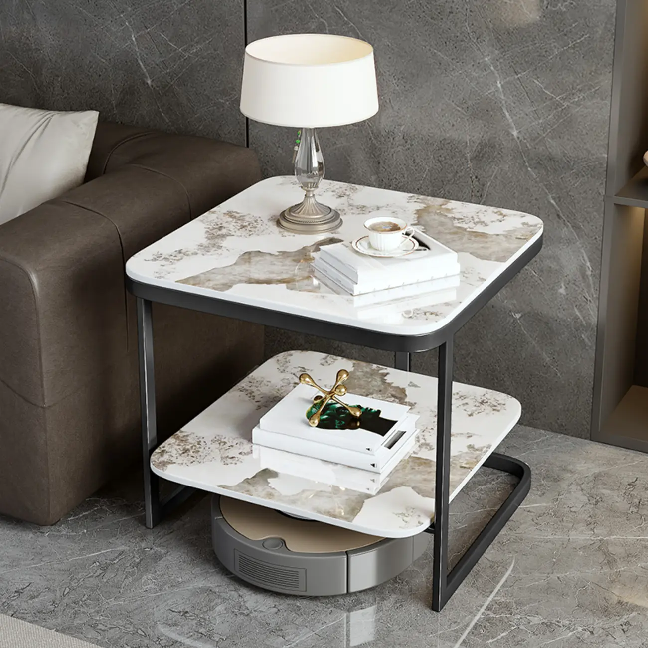 2-Tier C-Shaped Side Table with Shelf