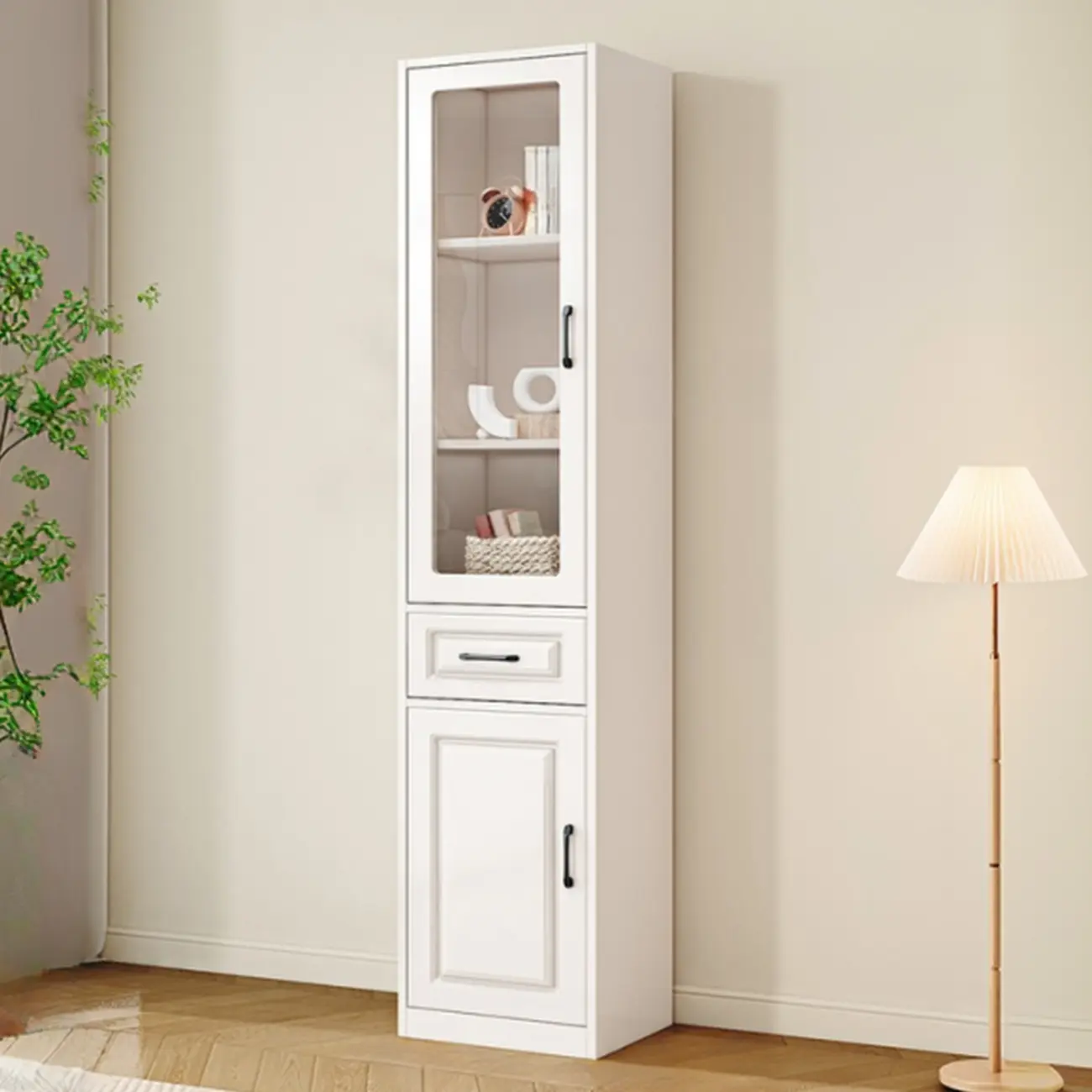Rectangular White Wood Vertical Display Bookcase with Drawers
