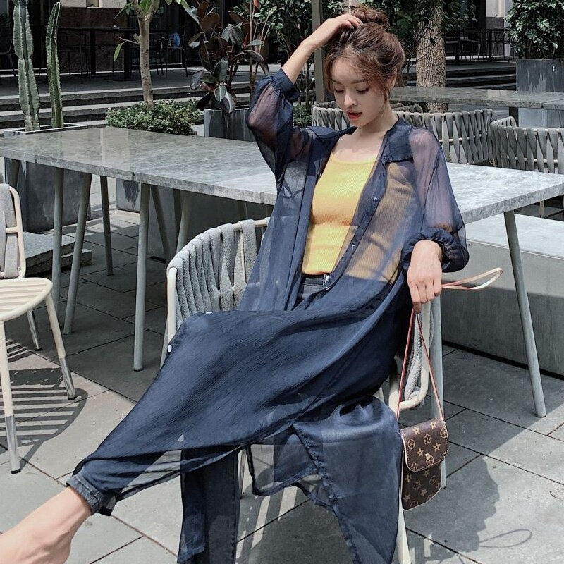 Hulianfu Women Blouse Sun Protection Fashion Long Lantern Sleeve Outerwear Sheer All-match Thin Beach Street Comfort Korean Style Leisure - Deanwangkt