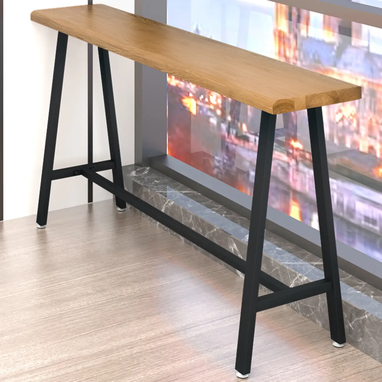 Simple Brown Pine Bar Tables with Footrest