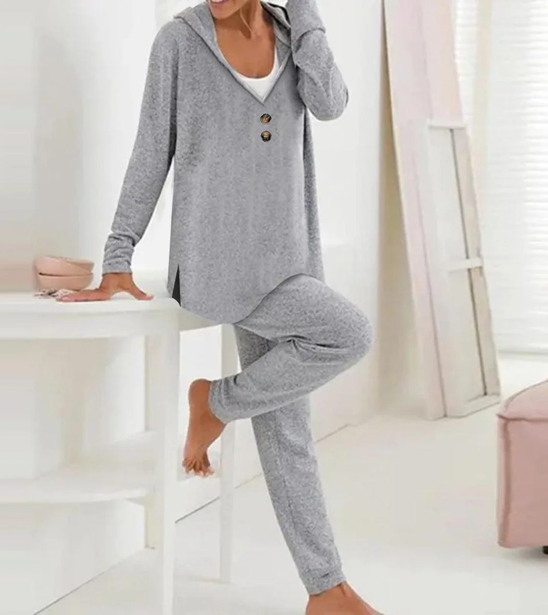 Grey Hoodie Long Sleeve Two Piece Set