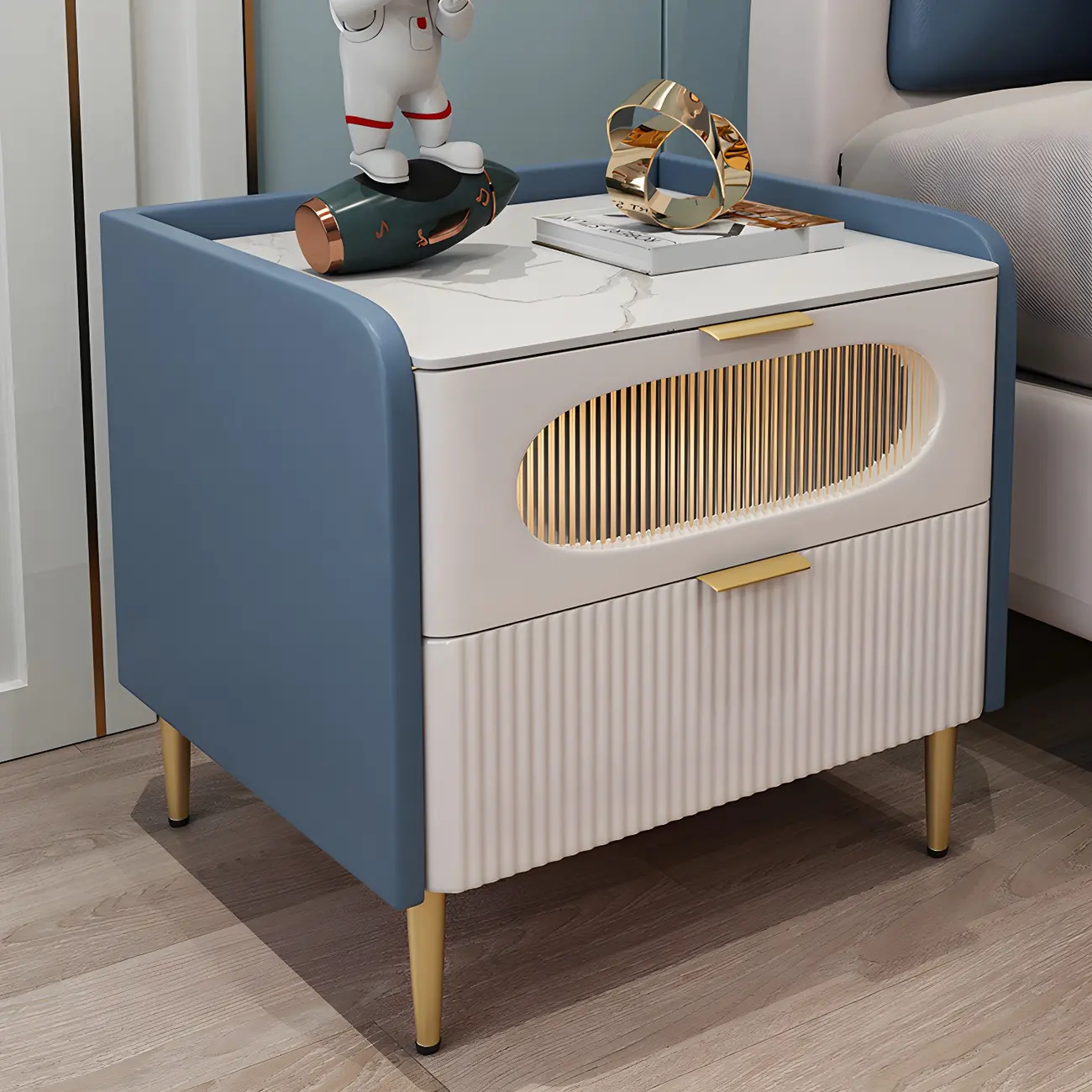 Modish Leather Bedside Table 2 Drawers with Stone Countertop