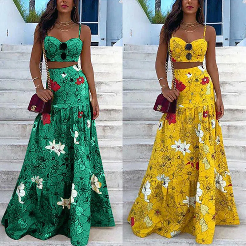 Two Piece Dress Floral Print Summer Dresses For Women  Two Piece Skirt Set Spaghetti Strap Crop Top And Maxi Long Skirt Party 2 Piece Sets T230113 - Deanwangkt