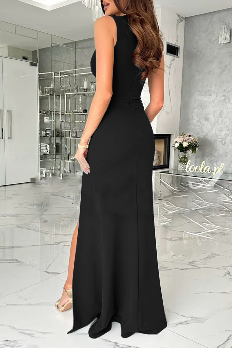 hulianfu Celebrities Elegant Solid Slit Fold V Neck Evening Dress Dresses(4 Colors) - Deanwangkt
