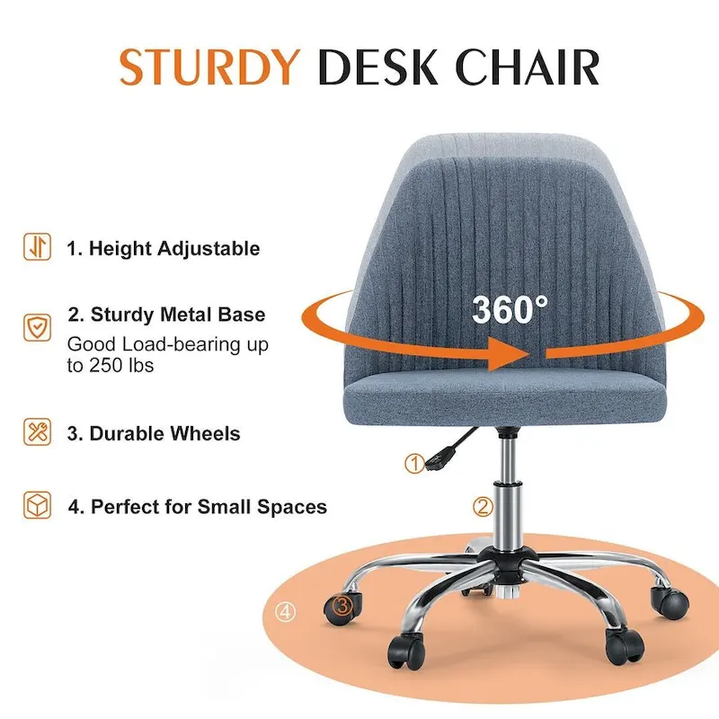 Office Chair with Wheels, Adjustable Height Fabric Upholstered Computer Desk Chair Swivel