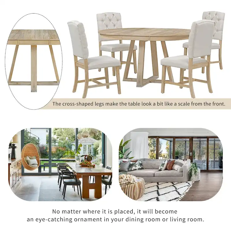 Multi-Function Dining Table and Chair Sets Farmhouse Kitchen Dining Table Sets with Removable Folding Plates Cross-Shaped Legs