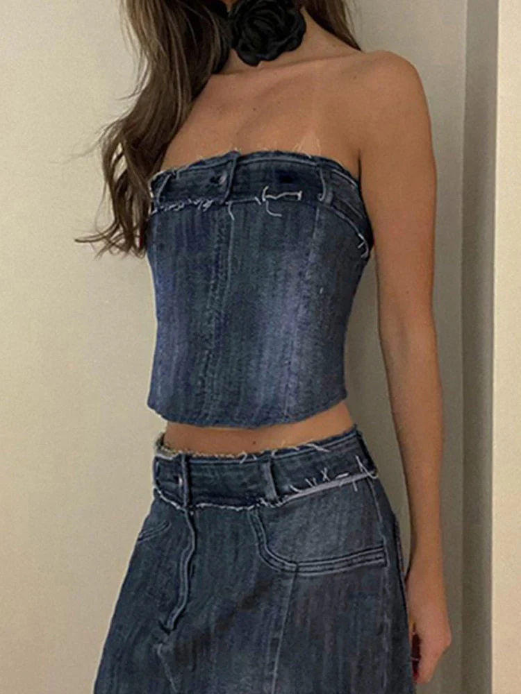 Hulianfu Sexy Denim Skirt Women Set Tube Tops Fur Edge Mermaid Dress Female Streetwear Set Summer Slim Sleeveless Spicy Suits - Deanwangkt