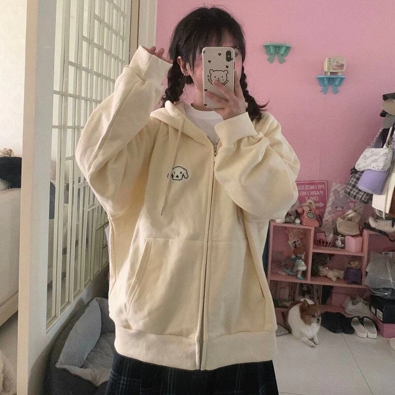 New Japanese Tops Hoodie Women's Kawaii Puppy Embroidered Sweatshirt Cardigan Loose Plus Velvet Jacket Girl Girlfriend Top - Deanwangkt
