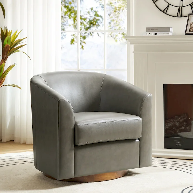 Haley Modern Swivel Barrel Faux Leather Chair with Solid Wood Base by