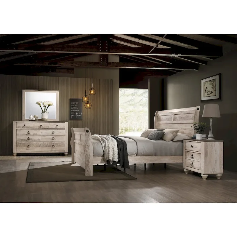 Roundhill Furniture Imerland Contemporary White Wash Finish Bedroom Set with Sleigh Bed, Dresser, Mirror, Two Nightstands