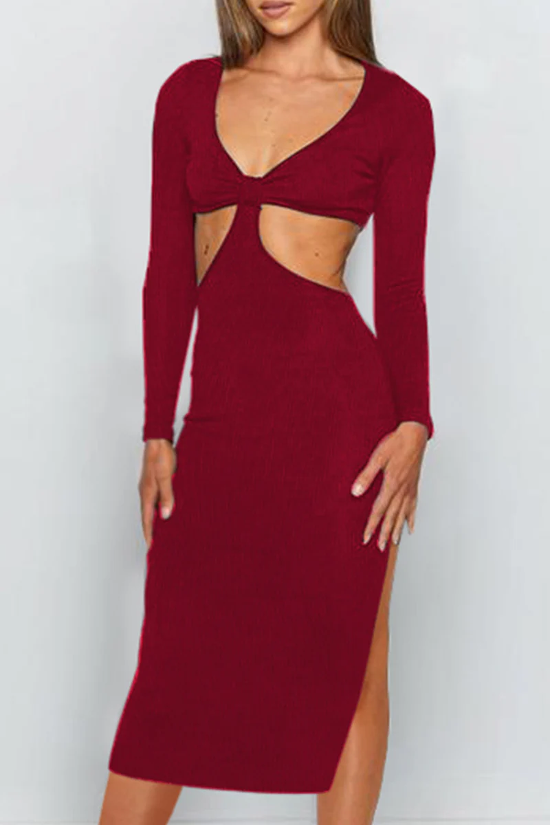 hulianfu Elegant Solid Hollowed Out Backless Slit V Neck Pencil Skirt Dresses - Deanwangkt