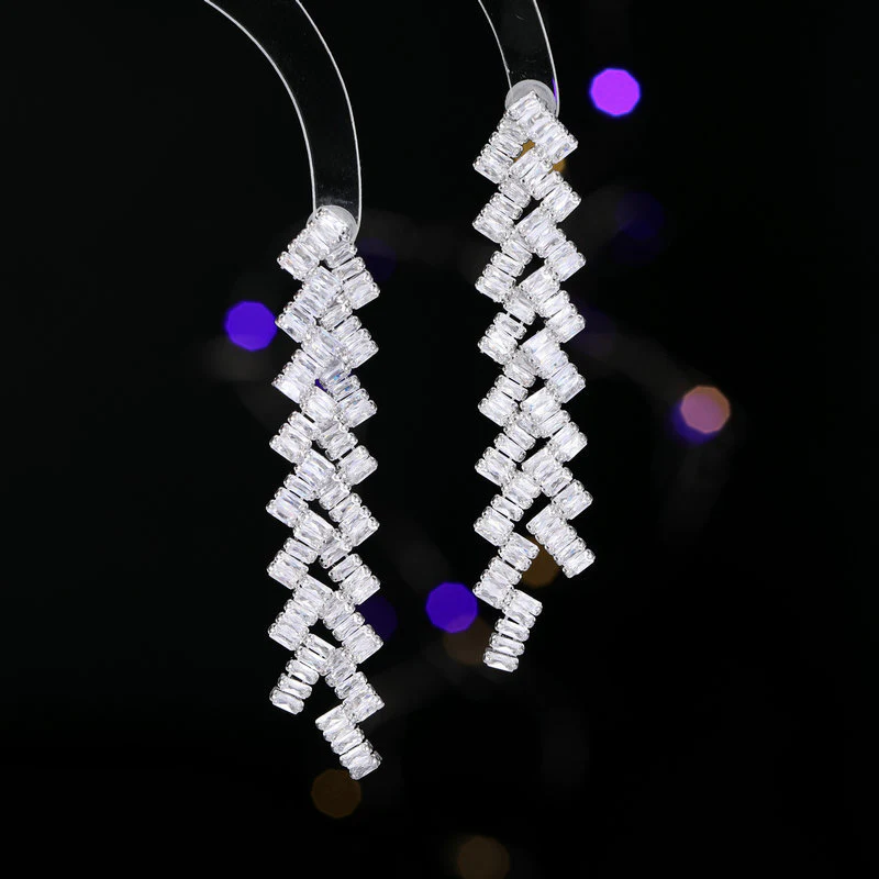 2025 Luxury exaggerated earrings design sense geometric wavy zircon inlaid long banquet dress with earrings wholesale - Deanwangkt