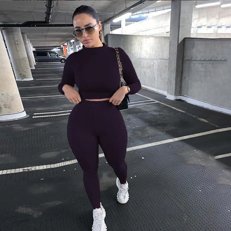 hulianfu Two Piece Sets Women Solid Autumn Tracksuits High Waist Stretchy Sportswear Hot Crop Tops And Leggings Matching Outfits - Deanwangkt
