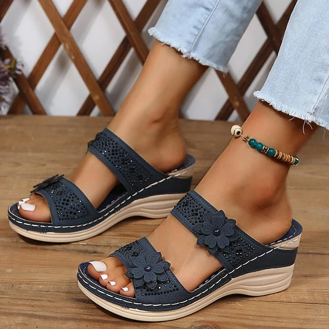 Women's Sandals Boho Bohemia Beach Wedge Sandals Comfort Shoes Outdoor Daily Beach Summer Flower Wedge Heel Round Toe Open Toe Casual Minimalism Walking Shoes PU Leather Faux Leather Loafer Solid - Deanwangkt