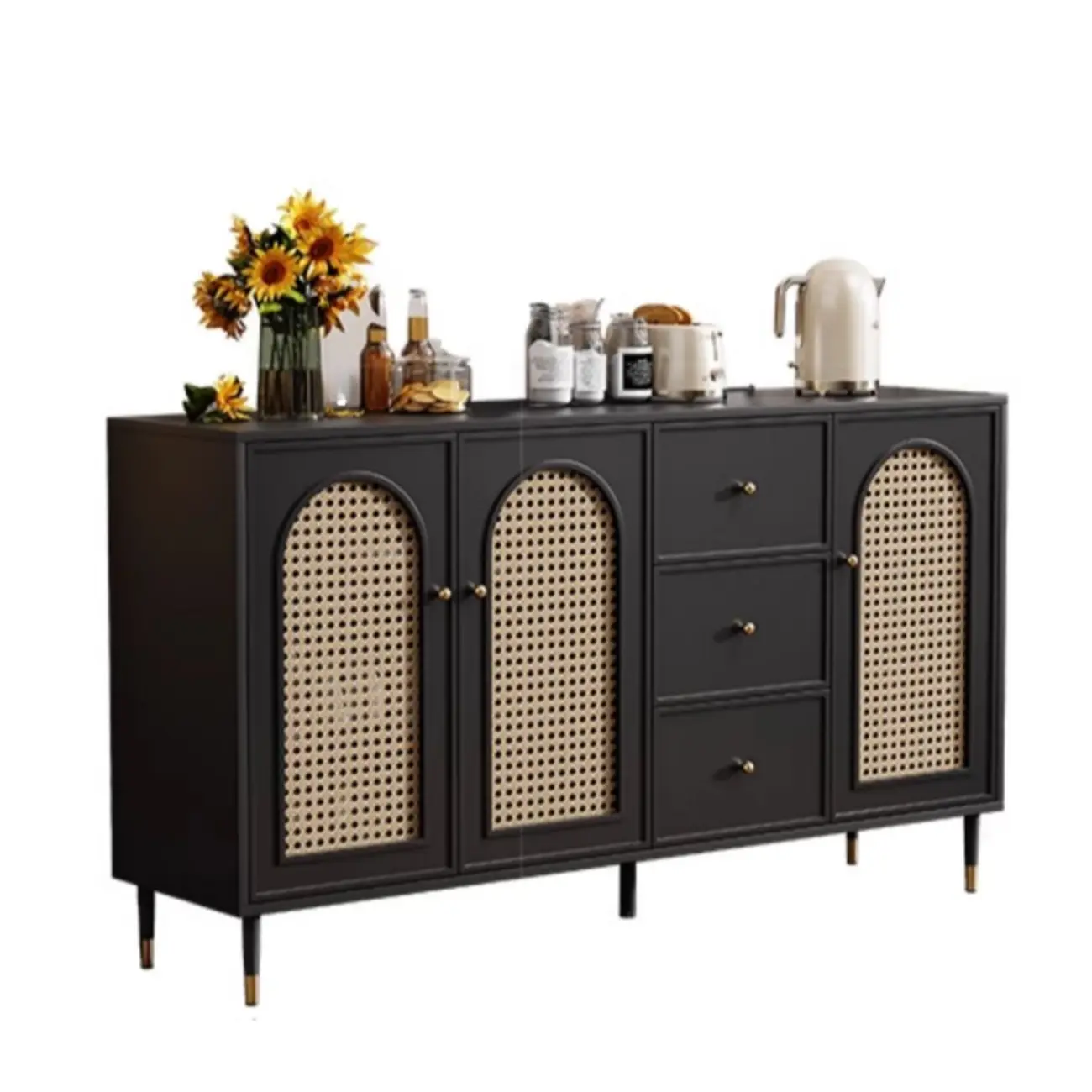 Traditional 3-Layer Rattan Wooden Black Sideboard Cabinet