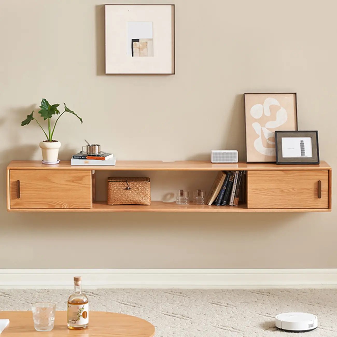 Natural Wood Wall Mount TV Stand Entertainment Center