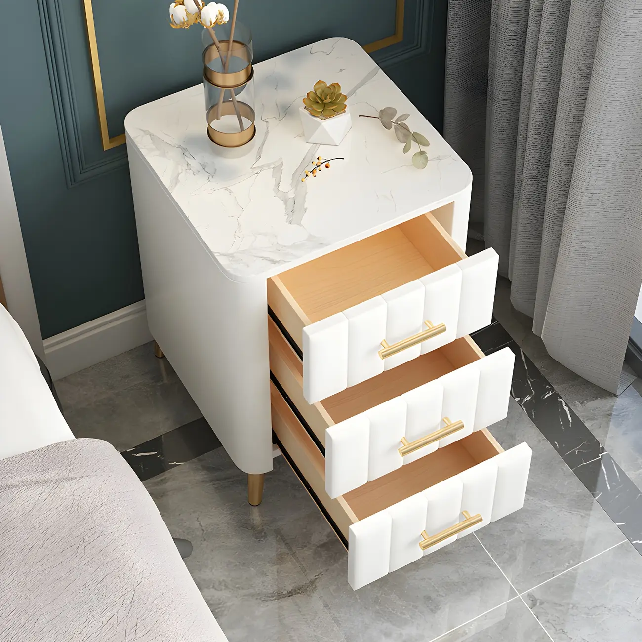 Glam Pink Leather Bedside Table with Marble Top 3 Drawers