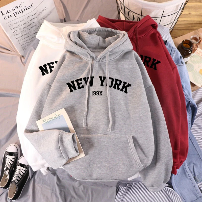 Female Thicken Warm Hoodies Lady Autumn Tops NEW Sweatshirts Velvet Winter Women's NEW YORK Printing Hooded Hoodies - Deanwangkt