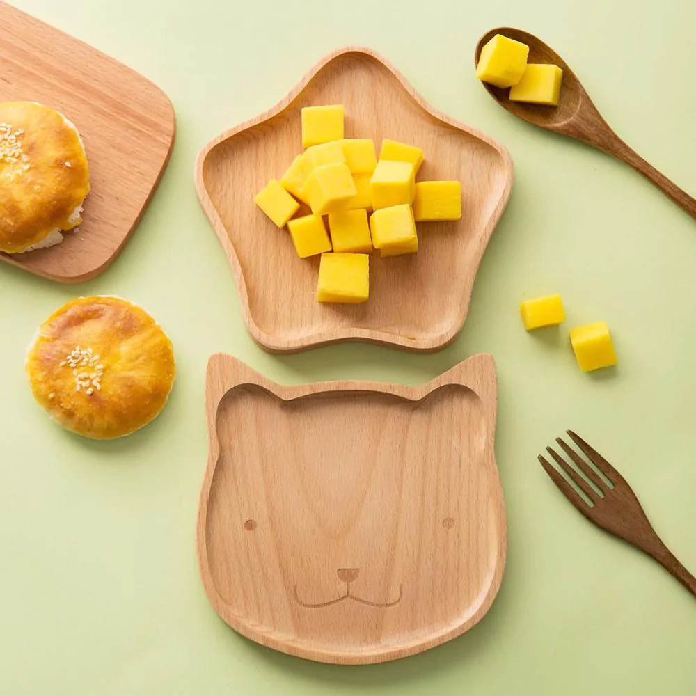 HULIANFU Natural Beech Cartoon Food Tray Wooden Cup Breakfast Plate Large Solid Wood Tableware Cake Snack Fruit Tray Safe baby Food Bowl - Deanwangkt
