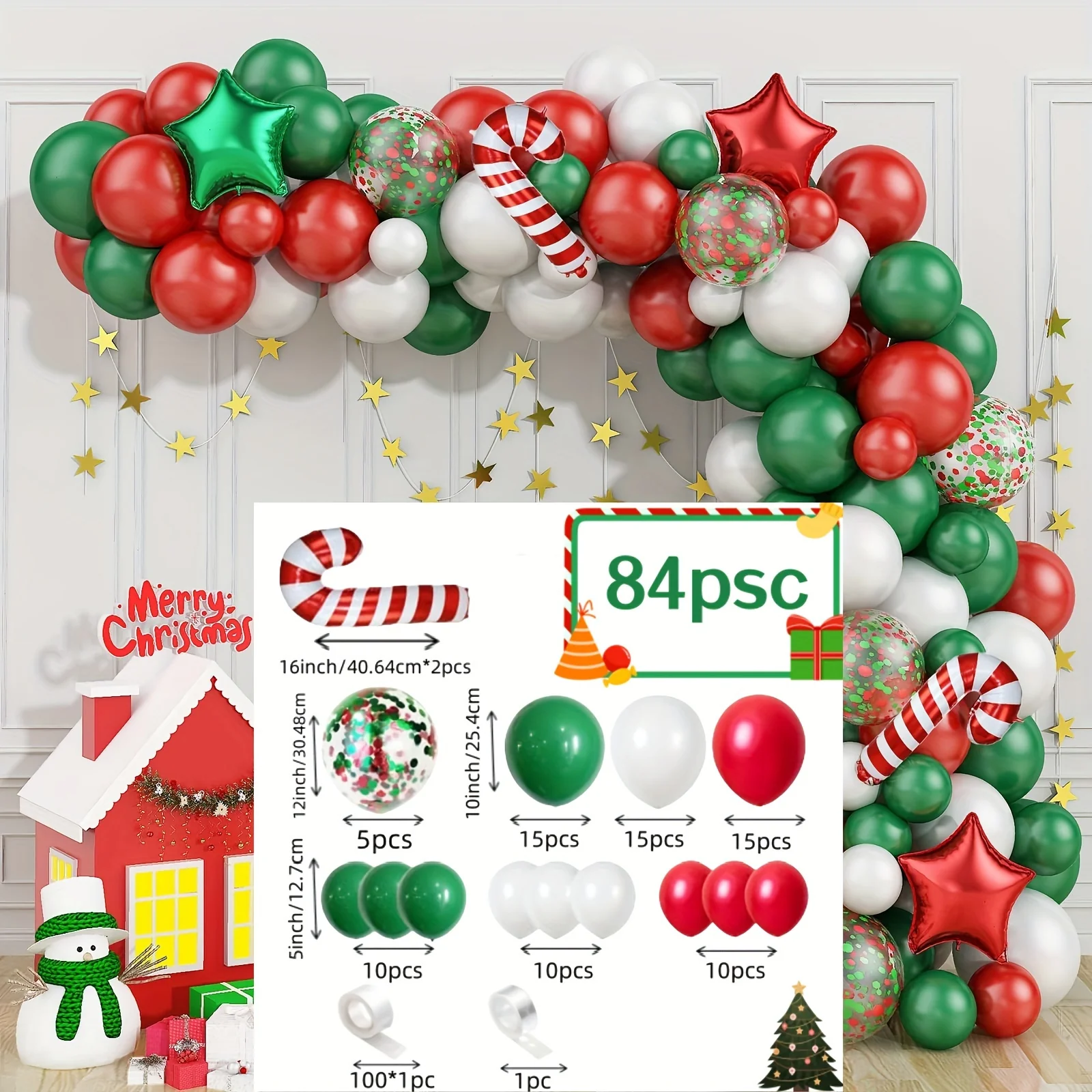 84pcs Christmas Balloon Garland Kit - Red, Green & White with Candy Cane Accents for Holiday Parties, New Year Celebrations & Festive Decor - Deanwangkt