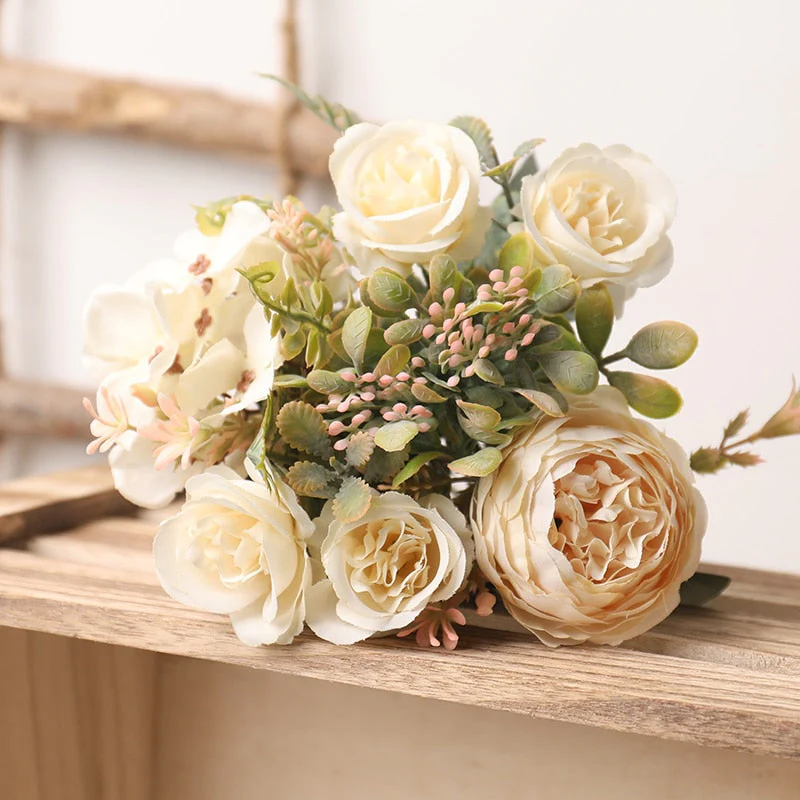 HULIANFU White Silk Artificial Roses Flowers Wedding Home Autumn Decoration High Quality Big Bouquet Luxury Fake Flower Arrangement Bulk - Deanwangkt