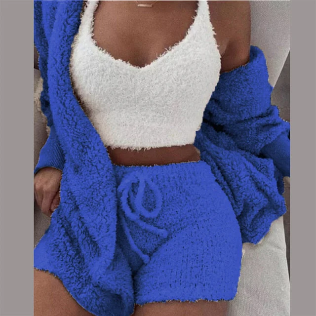 Three Piece Sexy Fluffy Outfits Plush Velvet Hooded Cardigan Coat+Shorts+Crop Top Women Tracksuit Sets Casual Sports Sweatshirt - Deanwangkt