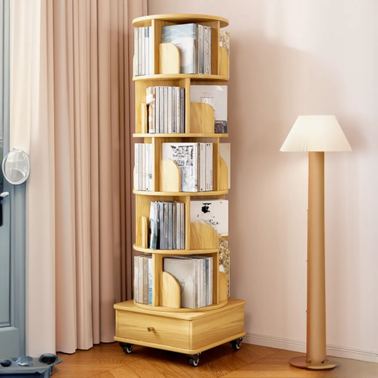 Narrow Wood 5-Tier Revolver Sliding Bookcase with Drawer