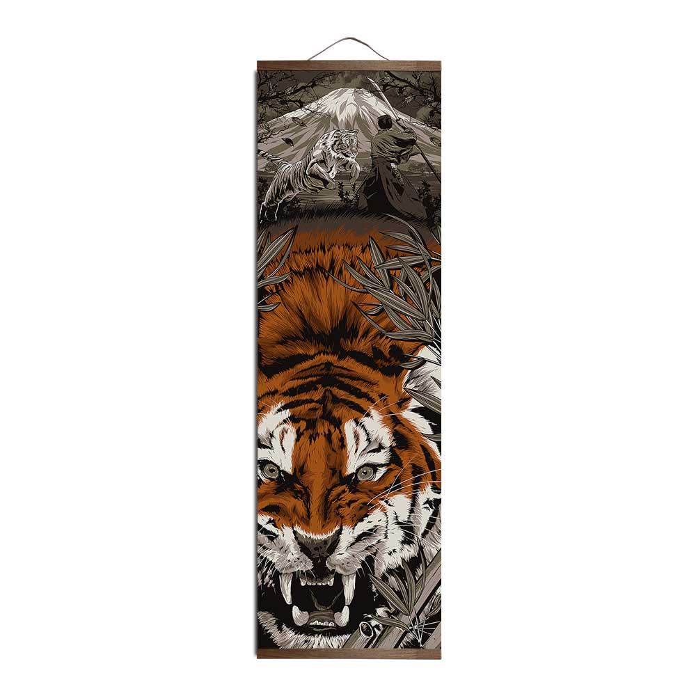 HULIANFU Japanese Samurai Ukiyoe Tiger Canvas Poster Pictures for Living Room Home Decor Painting Wall Art with Solid Wood Hanging Scroll - Deanwangkt