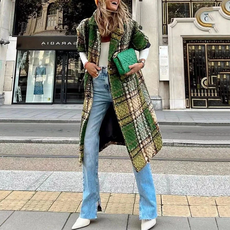 hulianfu Fashion Plaid Print Long Cardigan Coats Autumn Winter Women Casual Long Sleeve Loose Outerwear Elegant Lapel Button Jackets - Deanwangkt