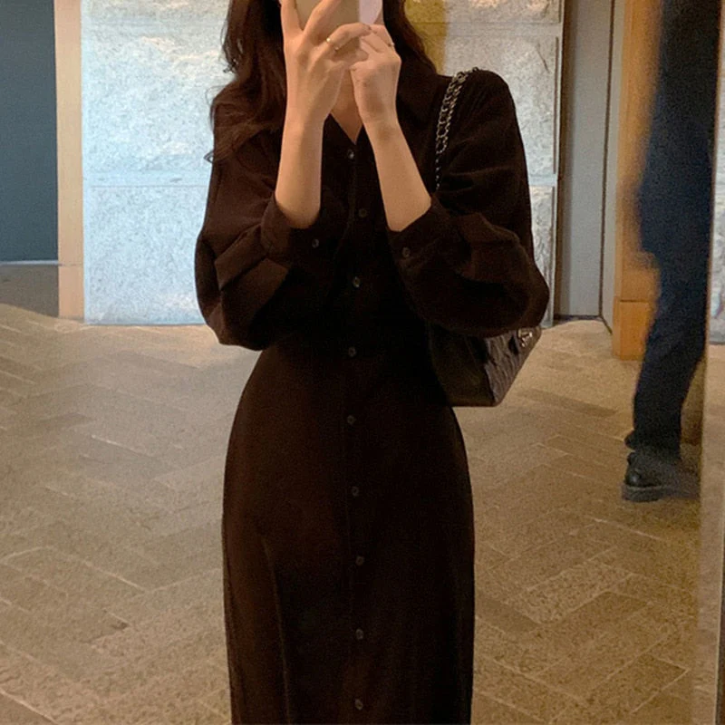Hulianfu Vintage Evening Shirt Dresses for Women Party Fashion High Waist Korean Lace Up Long Woman Dress Elegant Autumn 2026  Vestidos - Deanwangkt