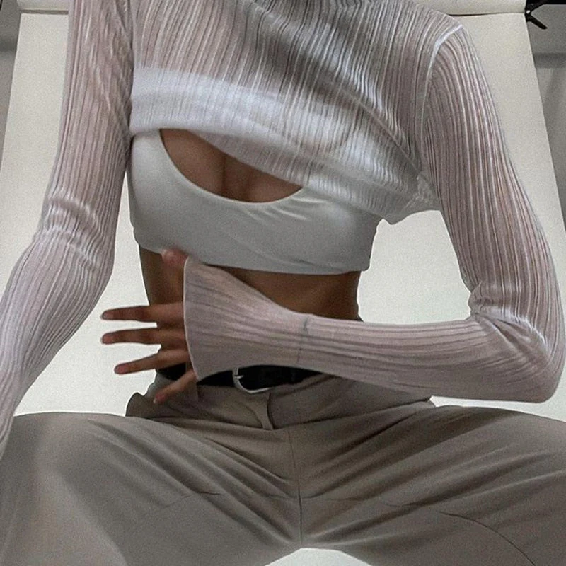 Hulianfu Fall Elegant See Through Long Sleeve Mock Neck Women Tops Fashion Streetwear Sexy T-Shirts Tees Slim Clothes - Deanwangkt