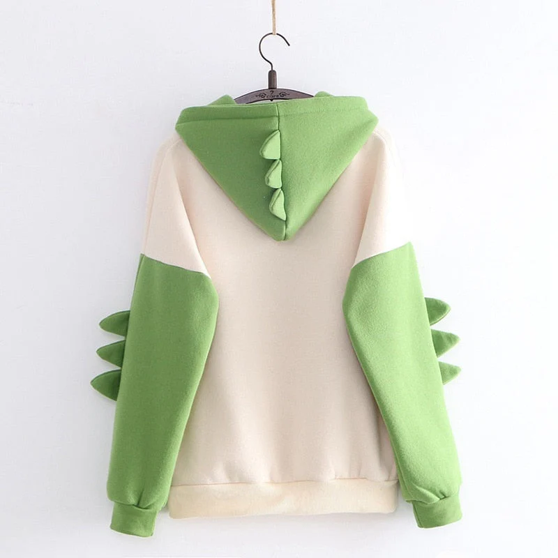 Winter dino hoodie Tops Dinosaur Oversized Cartoon Hoodie Women Fashion Sweatshirt Casual Print Korean Style Thicken Sweatshirt - Deanwangkt