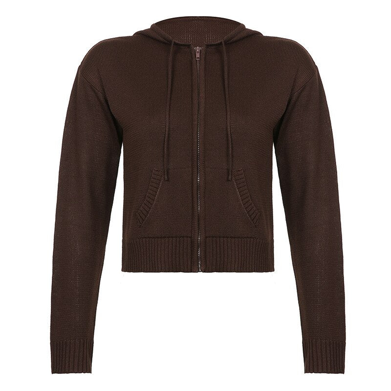 Knitted Sweater Women Hooded Cardigan Cropped Vintage Hoodies Y2K Solid Coat Women Sweater Outwear Long Sleeve Pull Femme - Deanwangkt