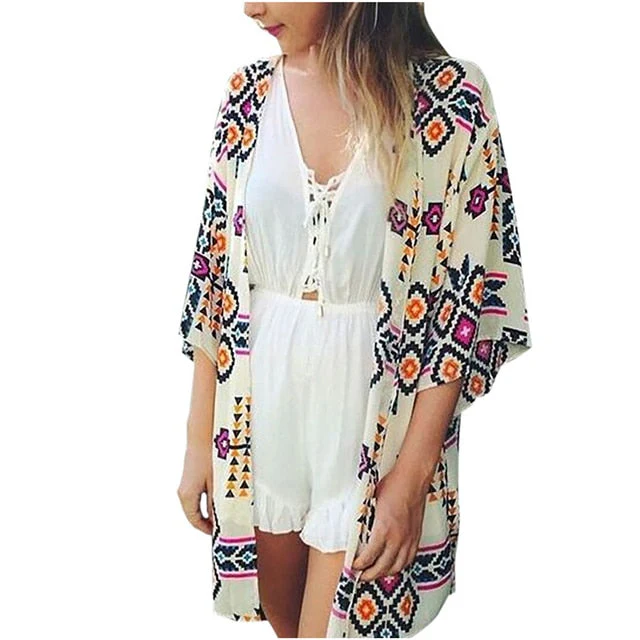 Casual Leaves Print Chiffon Kaftan Beach Cover Up Cardigan Shawl Swimwear Women Summer Swimsuit Pareos Cape Saida De Praia - Deanwangkt