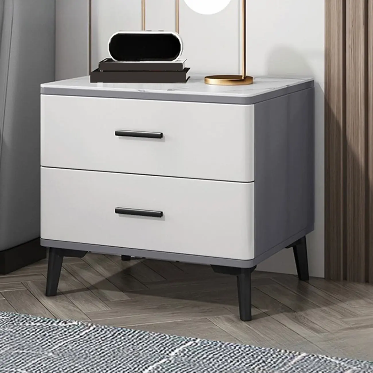 Modern White Stone Top Oak 2-Drawer Nightstand
