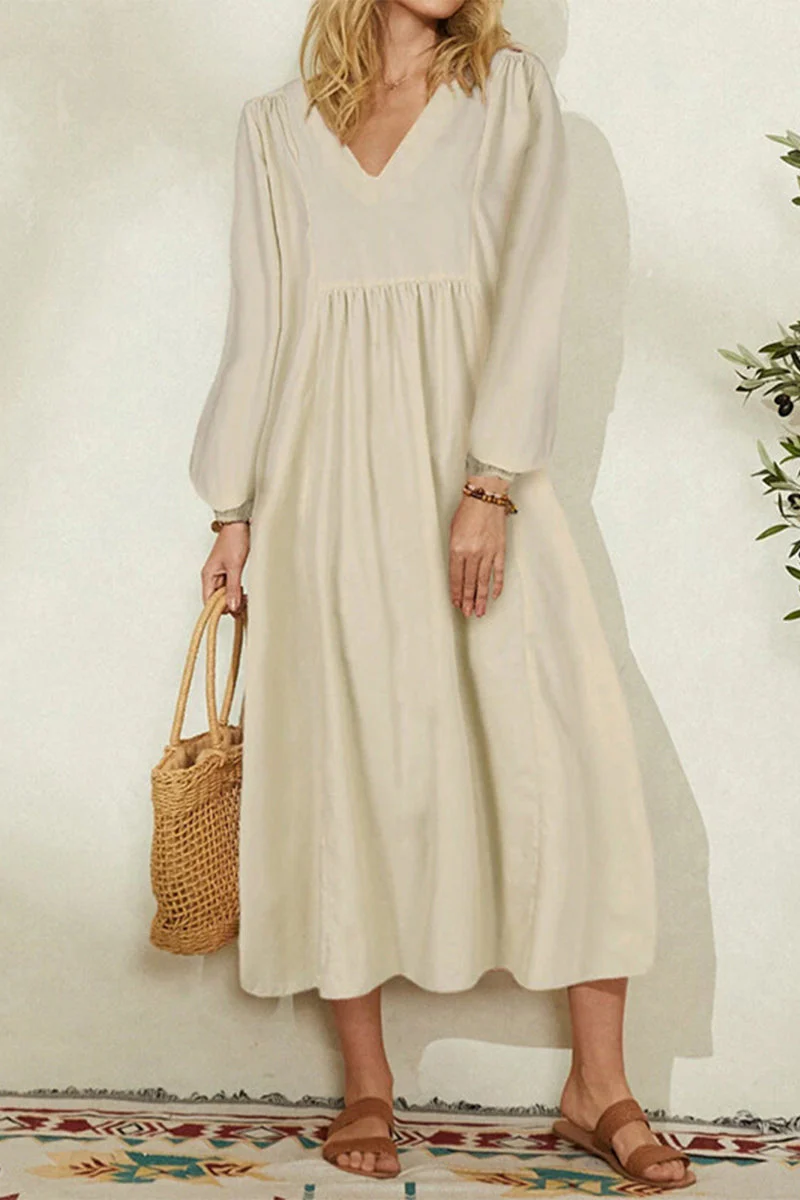 hulianfu Fashion Work Solid Fold V Neck Long Dress Dresses(4 colors) - Deanwangkt