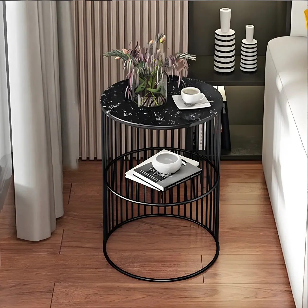 Modern Metal Bedside Table with Open Shelf in Cylindrical Shape