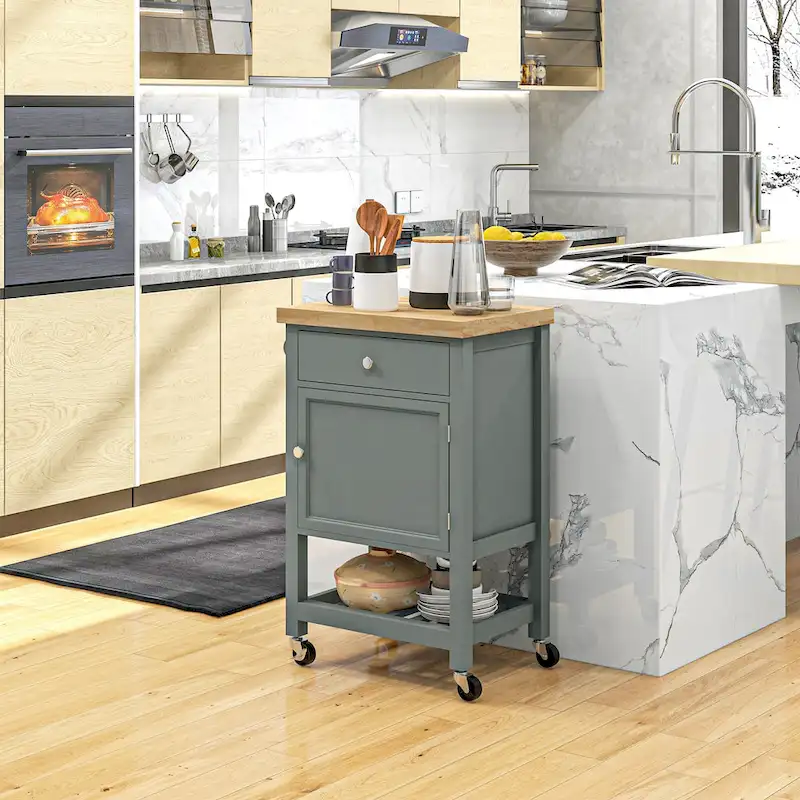 HOMCOM Utility Kitchen Cart, Rolling Kitchen Island with Smooth Rubberwood Top, Narrow Butcher Block Surface on Wheels