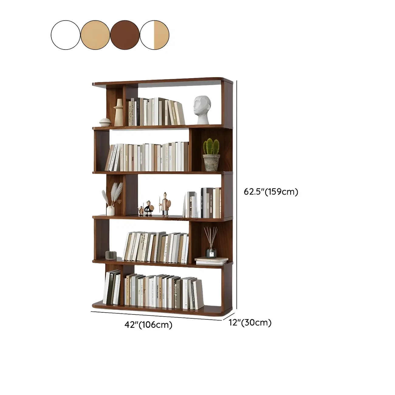 Tall Modern Walnut Open Back 6-Shelf Wood Bookcase