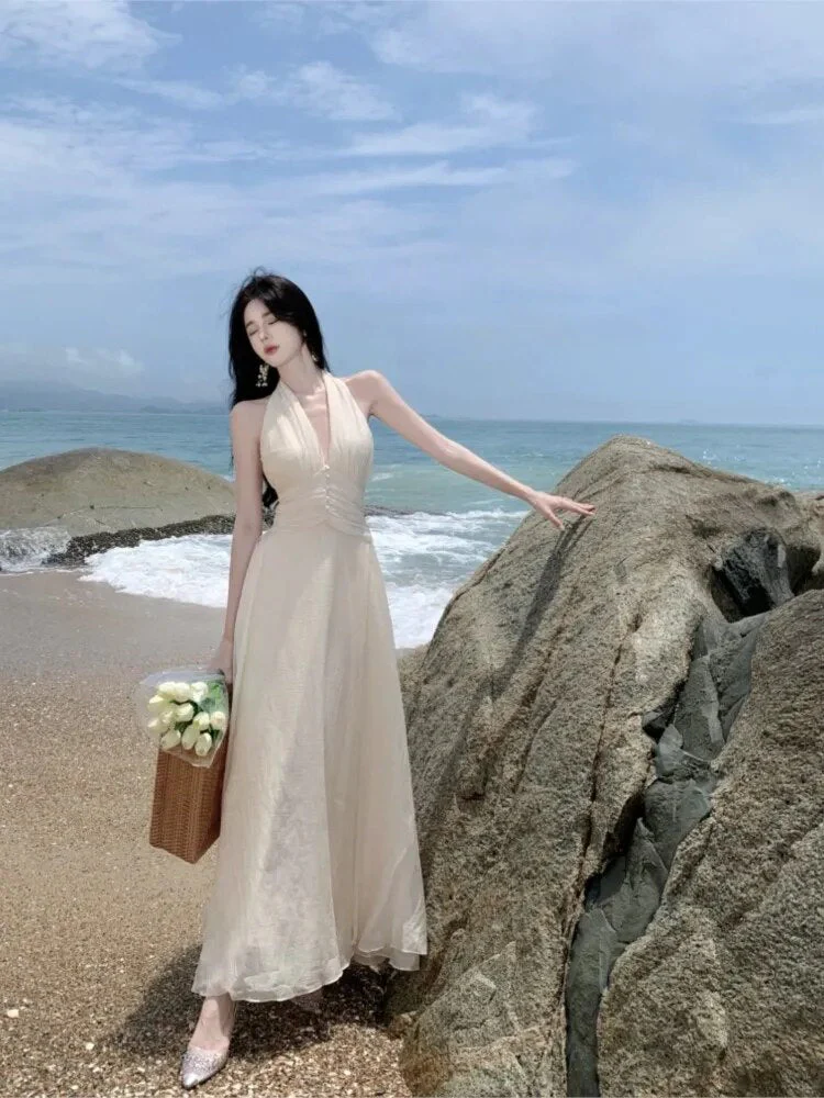 Summer Sleeveless Halter Long White Maxi Dress Elegant Tight Waist V-neck Beach Dress Robes Du Soir Evening Dresses Wedding Prom - Deanwangkt