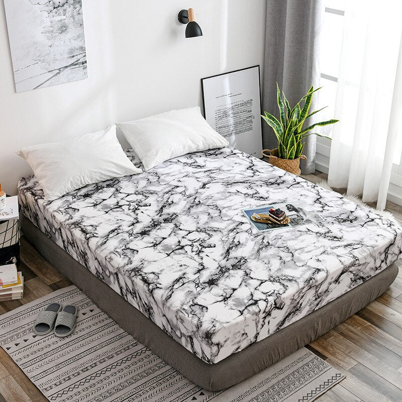 HULIANFU Nordic Mirco Fiber Marble Print Fitted Bed Sheet Single Elastic Band Double Bed Linen Home Soft Comfortable King Size Bedsheet - Deanwangkt
