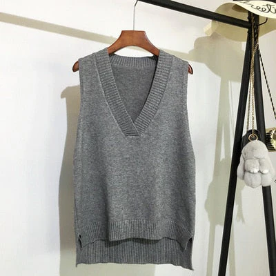 Autumn Women's Sweater Vest V-neck Sleeveless Irregular Casual Loose Knitted Pullover Tops Female Outerwear - Deanwangkt