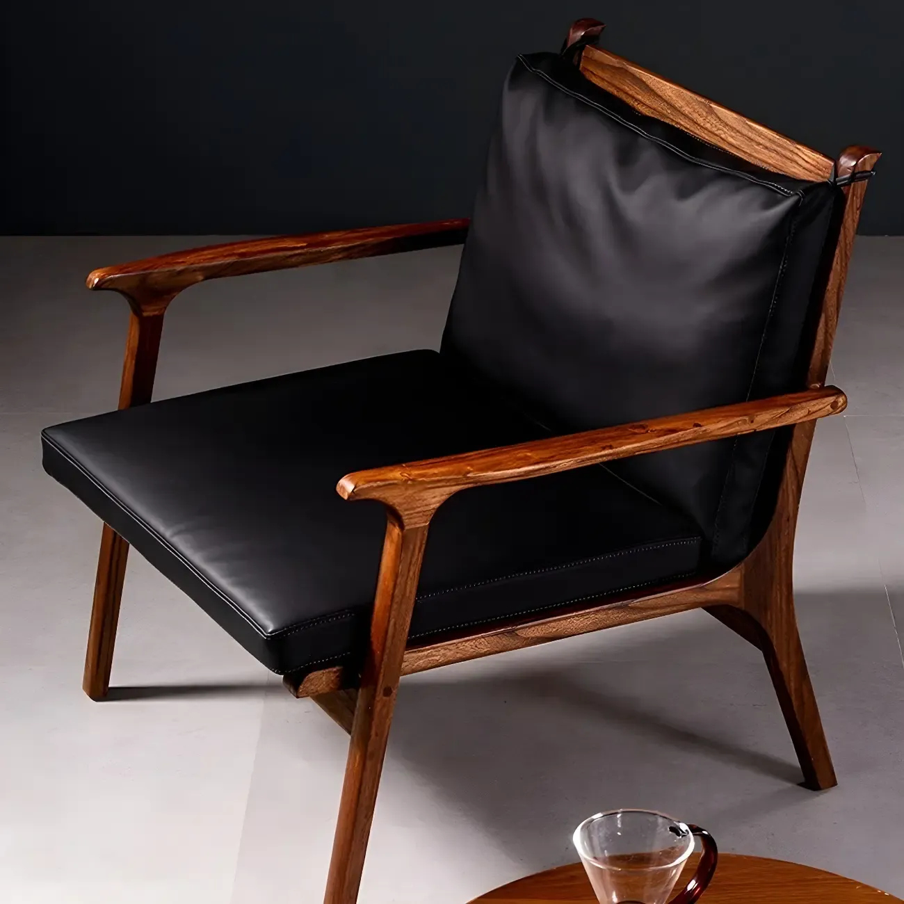 Scandinavian Faux Leather Wood Square Arm Accent Chair