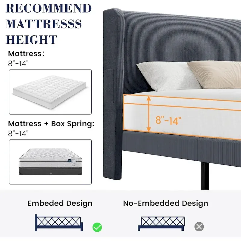 Wooden Bed Frame with Upholstered Headboard