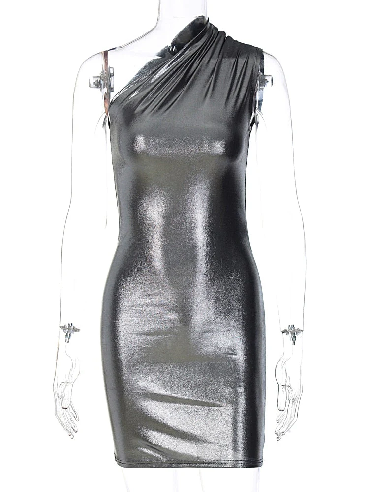 Hulianfu Pu Leather One Shoulder Sleeveless Draped Mini Prom Dress 2026  Summer Fall Women Elegant Y2K Evening Party Club Clothes - Deanwangkt