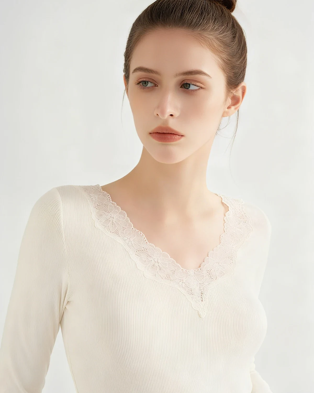 Modal combed-cotton lace base-layer top, merino wool thermal long-sleeve undershirt for women