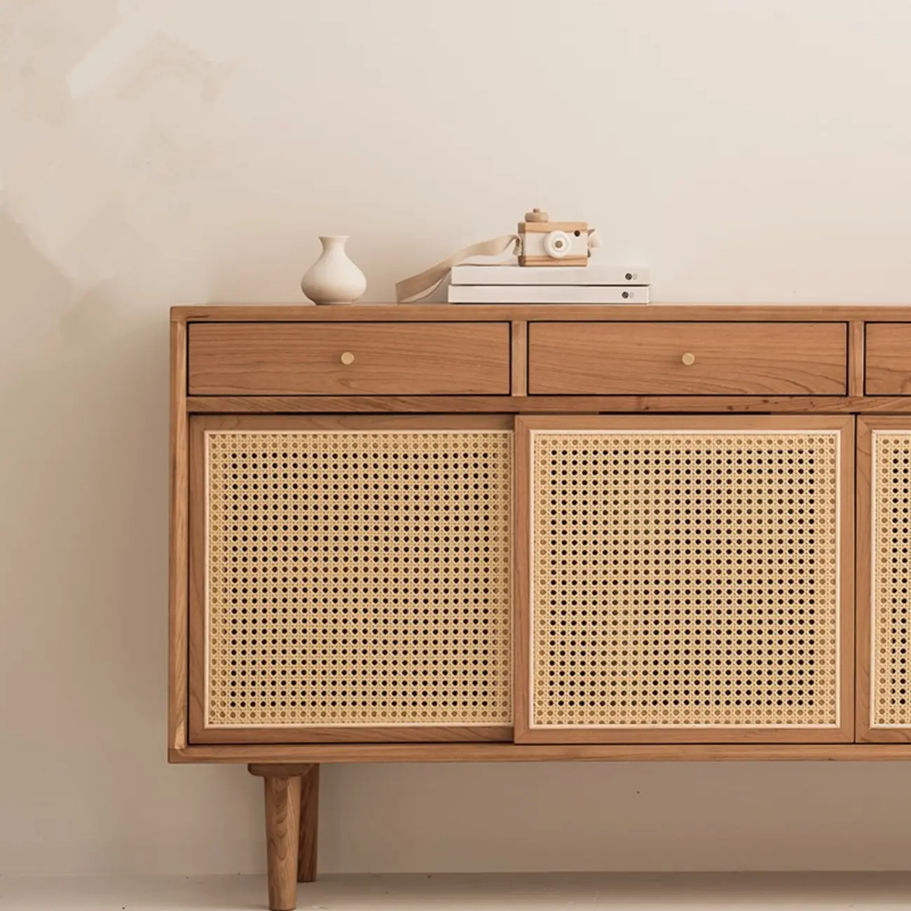 Scandinavian Natutal Wood Rattan Sideboard with Drawers