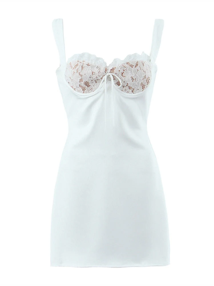 Hulianfu Spring Summer New Sexy Casual Lace Stitching Wavy Collar Halter Straps Bag Hip A-Line Short Mini Dress Women - Deanwangkt